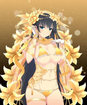 1girl arm_ribbon bikini black_hair blue_eyes blush bow bowtie breasts cleavage closed_mouth clothing_request detached_collar earrings feather_hair_ornament feathers flower frilled_bikini frills gloves gold_background gold_bikini gold_bow gold_collar gold_flower gold_ribbon groin hair_flower hair_ornament heavy_lens_flare hime_cut ikaruga_(senran_kagura) jewelry large_breasts lens_flare light_particles linea_alba long_hair looking_at_viewer micro_bikini navel non-circular_lens_flare official_art ribbon senran_kagura senran_kagura_new_wave senran_kagura_shoujo-tachi_no_shin&#039;ei shiny_skin smile solo sparkle star_(symbol) star_earrings stomach string_bikini swimsuit thigh_strap underboob very_long_hair white_gloves