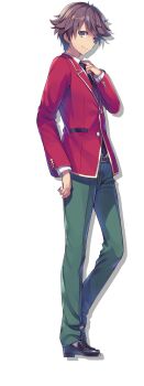 1boy absurdres adjusting_clothes adjusting_necktie advanced_nurturing_high_school_uniform black_shoes blazer brown_eyes brown_hair closed_mouth collared_shirt green_pants heel_up highres jacket loafers long_sleeves looking_at_viewer male_focus necktie official_art pants red_jacket school_uniform shirt shoes short_hair simple_background solo tomose_shunsaku transparent_background white_shirt youkoso_jitsuryoku_shijou_shugi_no_kyoushitsu_e