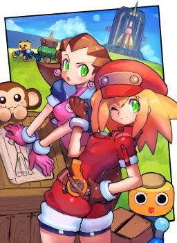 2girls absurdres belt blonde_hair blush breasts brown_hair newsboy_cap commentary_request dakusuta data_(mega_man) earrings gloves green_eyes hair_pulled_back hairband hand_on_own_hip hat highres jewelry jumpsuit long_hair mega_man_(series) mega_man_legends_(series) monkey multiple_girls one_eye_closed open_mouth pink_hairband red_headwear red_shorts robot rocket roll_caskett_(mega_man) servbot_(mega_man) short_sleeves shorts simple_background small_breasts smile tron_bonne_(mega_man)