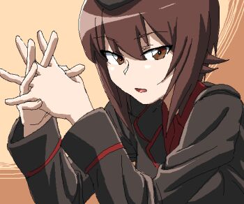 Rule 34 | 1girl, black hat, breasts, brown eyes, brown hair, commentary request, garrison cap, girls und panzer, hat, interlocked fingers, jacket, kuromorimine military uniform, large breasts, long hair, looking at viewer, military, military hat, military jacket, military uniform, nishizumi maho, open mouth, pixel art, red shirt, shirt, short hair, solo, two-tone background, zimu