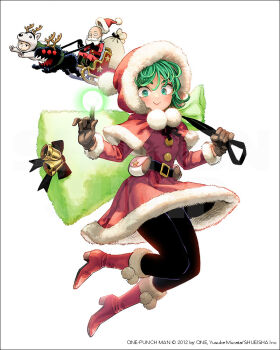 1boy 1girl bald boots christmas dress green_eyes green_hair hat merry_christmas murata_yuusuke official_art one-punch_man red_boots red_hat saitama_(one-punch_man) santa_costume santa_dress santa_hat tatsumaki