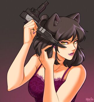 1girl animal_ears applying_makeup artist_name bare_shoulders black_hair blake_belladonna breasts cat cleavage commentary dress english_commentary eyeliner highres holding holding_knife knife looking_at_viewer makeup medium_breasts purple_dress purple_lips purple_nails rwby short_hair simple_background solo yellow_eyes yellow_nicky