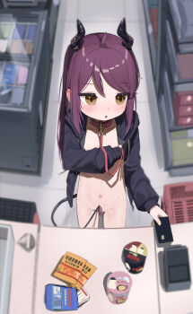 1girl :o bdsm black_jacket blurry blurry_background blush borrowed_character bottomless breasts brown_eyes can cellphone collar collarbone convenience_store convenient_censoring convenient_tail counter covering_breasts covering_crotch covering_privates demon_girl demon_horns demon_tail depth_of_field exhibitionism food groin holding holding_phone hood hood_down hooded_jacket hoodie horns indoors instant_cup_noodles instant_noodles jacket leash loli long_hair long_sleeves naked_hoodie naked_jacket navel nyune open_clothes open_jacket original parted_lips phone public_indecency puffy_long_sleeves puffy_sleeves purple_hair red_collar refrigerator shelf shop slave sleeves_past_wrists small_breasts smartphone solo standing tail tiles viewer_holding_leash