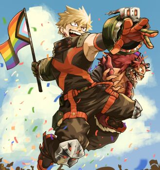 2boys armpits bakugou_katsuki bisexual_flag blonde_hair blue_sky boku_no_hero_academia cloud cloudy_sky collarbone commentary earrings english_commentary fangs flag full_body gloves happy highres holding holding_flag jewelry kirishima_eijiro lgbt_pride male_focus multiple_boys open_mouth philippine_flag pocci_q progress_pride_flag rainbow_flag red_hair sharp_teeth short_hair signature sky sleeveless smile spiked_hair superhero_costume teeth