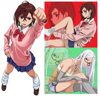 2girls absurdres arm_up ayase_momo ayase_seiko black_choker blue_skirt bow bowtie breasts brown_hair choker clenched_hand commentary dandadan earrings english_commentary glasses grandmother_and_granddaughter hair_down highres jewelry large_breasts long_hair looking_at_viewer mature_female medium_breasts miniskirt multiple_girls pink_sweater red-framed_eyewear red_bow red_bowtie red_eyes removing_sock school_uniform shiren_(ourboy83) short_hair short_shorts shorts sitting skirt socks sweater tank_top thighs undressing very_long_hair white_hair white_socks white_tank_top