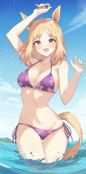 1girl animal_ears arm_up bare_shoulders bikini blonde_hair blue_sky blush breasts cleavage collarbone ear_covers floral_print floral_print_bikini gradient_eyes highres horse_ears horse_girl horse_tail large_breasts looking_at_another looking_at_viewer medium_hair multicolored_eyes narita_top_road_(umamusume) navel ocean open_mouth outdoors print_bikini profnote purple_bikini purple_eyes single_ear_cover sky smile solo stomach swimsuit tail umamusume water