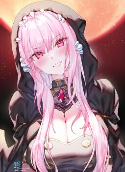 :d absurdres armlet black_cape black_dress blunt_bangs blurry blurry_background breasts cape cleavage commentary dress grin head_tilt highres hololive hololive_english hood hood_up hooded_cape jewelry kamiya_maneki large_breasts long_hair looking_at_viewer mori_calliope mori_calliope_(1st_costume) open_mouth pink_eyes pink_hair sidelocks smile symbol-only_commentary virtual_youtuber