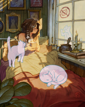 bare_shoulders bed black_eyes breasts brown_hair candle cat cat_symbol cleavage cup highres holding holding_cup long_hair messy_hair original picture_frame pillow signature simz steaming_cup tank_top under_covers white_tank_top window