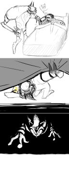 3koma bed bedroom blanket comic giganto_(sonic_frontiers) gloves hedgehog hiding highres kneeling koco_(sonic) looking_at_another mecha on_bed pocho22059768 robot scared scary scary_face sega sleeping sonic_(series) sonic_frontiers sonic_the_hedgehog spiked_hair stuffed_toy supreme_(sonic_frontiers) titans