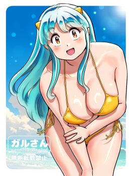 1girl alternate_breast_size_(larger) bikini blush breasts cleavage green_hair highres horns kenken28937178 large_breasts looking_at_viewer lum oni open_mouth smile solo swimsuit urusei_yatsura yellow_bikini yellow_eyes