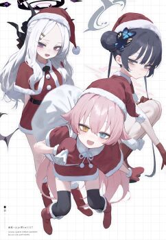 3girls absurdres alternate_costume amenatsu black_hair black_halo black_horns black_thighhighs blue_archive blue_eyes blush boots butterfly_hair_ornament capelet closed_mouth commentary_request demon_girl demon_horns double_bun dress fur-trimmed_boots fur-trimmed_capelet fur_trim gloves grey_eyes grey_halo hair_bun hair_ornament halo hat heterochromia highres hina_(blue_archive) holding holding_sack horns hoshino_(blue_archive) kisaki_(blue_archive) long_hair looking_at_viewer mittens multiple_girls multiple_horns open_mouth pink_hair pink_halo pom_pom_(clothes) purple_eyes purple_halo red_boots red_capelet red_dress red_gloves red_hat red_mittens sack santa_costume santa_hat simple_background smile thighhighs twintails white_background white_hair wings yellow_eyes