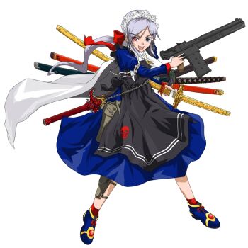 1girl combat_maid cross earrings female_focus futaba_channel gun handgun heterochromia inverted_cross itai jewelry katana latin_cross maid mauser_c96 necklace nijiura_maids pentagram pistol silver_hair solo sword weapon