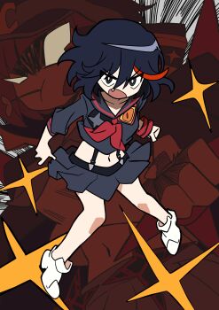 2girls absurdres black_hair black_sailor_collar black_skirt blank_eyes character_background fang full_body grey_eyes highres kill_la_kill looking_at_viewer mankanshoku_mako matoi_ryuuko midriff miniskirt multicolored_hair multiple_girls navel neckerchief no_dickey open_mouth pleated_skirt red_neckerchief sailor_collar school_uniform senketsu serafuku shoes skirt standing streaked_hair suspenders white_shoes yuateheng