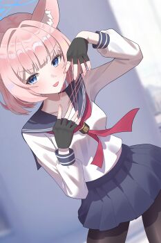 1girl absurdres animal_ear_fluff black_gloves black_pantyhose blue_archive blue_eyes blue_halo blue_sailor_collar blue_skirt blush commentary fingerless_gloves fox_girl fox_tail gloves halo highres holding holding_string looking_at_viewer misono_(misonokei) neckerchief niko_(blue_archive) open_mouth pantyhose pink_hair red_neckerchief sailor_collar shirt short_hair skirt solo string tail white_shirt