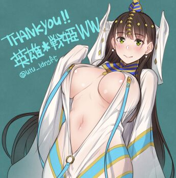 1girl areola_slip artist_name black_hair blue_background blush bodysuit breasts breasts_apart character_request closed_mouth commentary_request cowboy_shot earrings eiyuu_senki_ww green_eyes highres jewelry large_breasts long_hair looking_at_viewer navel partially_unzipped simple_background smile solo stomach thank_you translation_request utu_(ldnsft) white_bodysuit wispy_bangs zipper_pull_tab