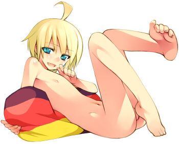 1boy ahoge androgynous bad_id bad_pixiv_id barefoot bean_bag blonde_hair blue_eyes blush fang feet flat_chest gender_request genderswap germany heisa leo_kliesen male_focus naughty_face nipples nude null_bulge short_hair shota soles solo tekken tekken_6 toes trap