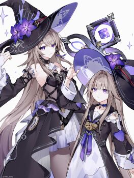 absurdres black_dress blue_choker brown_hair choker detached_collar doll_joints dress grey_pantyhose hat herta_(honkai:_star_rail) herta_(puppet)_(honkai:_star_rail) highres honkai:_star_rail honkai_(series) joints key long_hair nirako_mona pantyhose purple_eyes smile sparkle strapless strapless_dress the_herta_(honkai:_star_rail) very_long_hair witch_hat