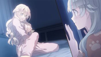 2girls bed_sheet breasts cosmic_(crownclowncosmic) curly_hair dress_shirt female_masturbation game_cg grabbing_own_breast green_eyes grey_shirt indoors long_hair masturbation medium_breasts multiple_girls nipples open_clothes open_shirt pajamas pants paw_print peeking pillow pink_pants profile sakura_futaba_(tsui_yuri_okaa_san_ni_wa_naisho_da_yo) sakura_ichika shirt siblings sisters sleepwear split_screen straight_hair sweatdrop tsui_yuri_okaa_san_ni_wa_naisho_da_yo white_hair