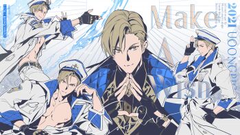 1boy black_gloves brown_eyes brown_hair coat commentary cyphers english_text fingerless_gloves fingernails gloves hat kenneth_hart_(cyphers) looking_at_viewer lying male_focus multiple_views nipples on_side open_clothes open_coat pants pectorals sailor sailor_hat short_hair uoongpig water white_pants