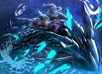 2girls bare_shoulders black_clover breasts christmas cleavage derxon2 hat large_breasts long_hair mimosa_vermillion multiple_girls noelle_silva orange_hair purple_eyes santa_hat thighhighs twintails