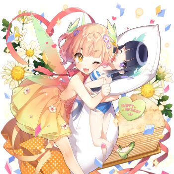 1girl bare_arms bare_legs birthday_cake blunt_bangs cake confetti dakimakura_(object) dress food hugging_object kanna_(uchihime) multicolored_dress one_eye_closed orange_dress pillow pink_hair salt_(salty) short_hair uchi_no_hime-sama_ga_ichiban_kawaii wings yellow_dress yellow_eyes