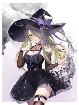 1girl absurdres antlers apple asymmetrical_bangs bare_shoulders black_bow black_choker black_dress black_footwear black_nails bow breasts brown_thighhighs ceres_fauna ceres_fauna_(goth) chest_bow chest_harness choker cleavage collarbone colored_inner_hair colored_smoke cowboy_shot crinoline detached_sleeves dress fishnet_thighhighs fishnets flower food frilled_dress frills fruit garter_straps golden_apple goth_fashion gradient_hair green_hair hair_bow hair_flower hair_ornament hair_over_one_eye hairclip hand_on_own_chest harness hat hat_bow heart heart_choker heart_o-ring heart_ring_choker highres hololive hololive_english horn_ornament horn_ribbon horns jewelry lace lace-trimmed_dress lace_sleeves lace_trim large_breasts layered_dress legwear_garter lips long_bangs long_hair messy_hair multicolored_hair necklace noelther_(artist) o-ring o-ring_choker o-ring_harness o-ring_thigh_strap official_alternate_costume official_alternate_hairstyle one_eye_covered parted_lips purple_bow purple_dress ribbon see-through_dress_layer short_dress simple_background single_legwear_garter skindentation smoke smoke_trail solo standing strapless strapless_dress suspenders swept_bangs thigh_peek thigh_strap thighhighs tree_horns virtual_youtuber witch_hat yellow_eyes