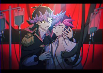 2boys ai_(yu-gi-oh!) alternate_form arms_at_sides ascot atltax_00 black_ascot black_border black_cape black_hair black_wrist_cuffs blue_hair border cable cape closed_eyes colored_bangs dappled_sunlight dress_shirt epaulettes facing_another facing_to_the_side fujiki_yusaku hand_on_another&#039;s_cheek hand_on_another&#039;s_face humanoid_robot intravenous_drip jacket light_particles looking_at_another male_focus mechanization military_jacket multiple_boys open_clothes open_jacket open_mouth open_shirt ornate_border popped_collar purple_shirt red_background robot shirt spiked_hair sunlight white_shirt wire wrist_cuffs yellow_eyes yu-gi-oh! yu-gi-oh!_vrains