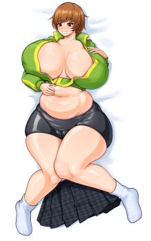 1girl blush breasts brown_eyes brown_hair cameltoe cleavage curvy female_focus full_body gigantic_breasts highres lying matching_hair/eyes navel on_back persona persona_4 plump satonaka_chie short_hair sketch solo thick_thighs thighs wet_tea wide_hips