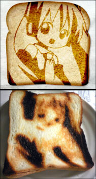 1girl bread bread_slice comparison derivative_work detached_sleeves emurin expectation_vs._reality failure food food_art food_art_(medium) hatsune_miku long_hair necktie no_nose open_mouth pareidolia photo_(medium) photo_inset plate reference_photo reference_work scorch_marks the_bread_art_project toast twintails unconventional_media vocaloid