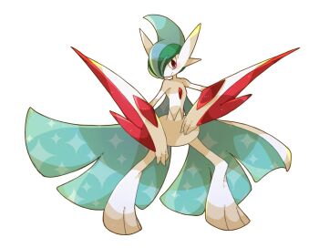 animal_focus cape colored_skin commentary_request gallade gen_4_pokemon green_hair mega_evolution mega_gallade mega_pokemon nintendo no_humans pokemon pokemon_(creature) red_eyes simple_background solo towa_(clonea) white_background white_cape white_skin