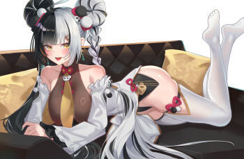 1girl absurdres ahoge aqua_nails arm_support ass bare_shoulders black_hair bodystocking braid braided_twintails breasts china_dress chinese_clothes clothing_aside collarbone commentary_request couch detached_sleeves dialyn_(zenless_zone_zero) dress earrings feet hair_extensions hair_ornament hairclip highres jewelry long_hair looking_at_viewer medium_breasts multicolored_hair necktie no_shoes on_couch open_mouth panda_hair_ornament pelvic_curtain pelvic_curtain_aside pillow ring_hair_extensions solo sparkling_eyes split-color_hair thighhighs white_hair white_thighhighs yellow_eyes yellow_necktie yiqi zenless_zone_zero