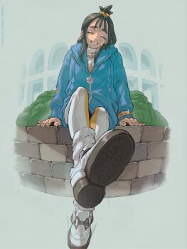 1girl black_hair blue_hoodie breasts choker closed_eyes cube_hair_ornament earclip facing_viewer grin hair_ornament highres hood hood_down hoodie jacket leggings lida_(pokemon) long_hair long_sleeves mega_ring mumumi nintendo open_mouth orange_leggings pokemon pokemon_legends:_z-a ribbed_socks shirt shoes sitting smile socks solo teeth topknot two-tone_legwear white_choker white_leggings white_shirt wispy_bangs