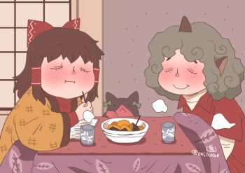 2girls :&lt; :i black_cat black_hair blush bow bowl cat closed_eyes closed_mouth collared_shirt commentary_request cone_horns cup curly_hair eating green_bow green_hair grey_horns hair_bow hair_tubes hakurei_reimu haori horns indoors japanese_clothes kaenbyou_rin kaenbyou_rin_(cat) komano_aunn kotatsu multiple_girls onikobe_rin red_bow red_shirt shirt short_hair shouji single_horn sliding_doors smile table touhou tuxedo_cat under_kotatsu under_table upper_body yellow_haori yunomi