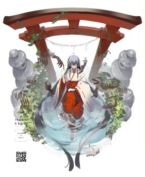 1girl absurdres ahoge artist_name black_hair blue_eyes ghost_hands hakama hakama_skirt highres japanese_clothes kimono long_hair long_sleeves miko original partially_submerged qr_code red_hakama shadow_hands shiozaki_shino skirt smile solo torii very_long_hair water white_kimono wide_sleeves
