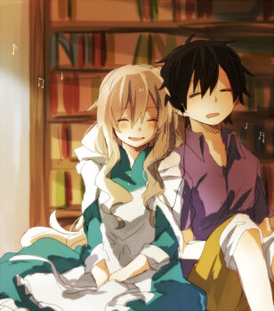 1boy 1girl against_bookshelf aged_down apron atoaru05 beamed_eighth_notes black_hair blonde_hair blue_dress bookshelf collared_dress commentary_request double-parted_bangs dress earphones eighth_note facing_viewer feet_out_of_frame friends frilled_apron frills hair_between_eyes happy hood hood_down indoors kagerou_project kozakura_marry listening_to_music musical_note open_collar open_mouth pants pants_rolled_up purple_shirt seto_kousuke shared_earphones shirt short_hair short_sleeves side-by-side sitting sleeping sleeping_upright sleeve_cuffs three-quarter_sleeves smile souzou_forest_(vocaloid) white_apron yellow_pants