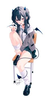 1girl absurdres bad_id bad_twitter_id belt_collar black_shoes chair collar collared_shirt demon_girl demon_horns demon_tail demon_wings detached_wings fang full_body grey_jacket hair_between_eyes hashtag-only_commentary highres horns ichinose_uruha jacket knee_up loafers long_hair long_sleeves looking_at_viewer loose_socks meercat_dayo necktie on_chair open_clothes open_jacket open_mouth purple_eyes school_uniform shirt shoes sitting smile socks tail virtual_youtuber vspo! white_shirt white_socks wings