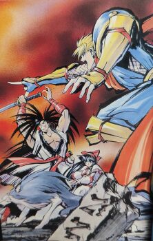 1girl 2boys ainu_clothes arms_up black_hair blonde_hair dated fighting_stance fingerless_gloves galford_d_weller gloves grin hair_ribbon haoumaru japanese_clothes legs long_hair multiple_boys muscular muscular_male nakoruru ninja official_art pants parted_lips pointy_hair ponytail ribbon samurai_spirits serious short_hair smile snk teeth thighs traditional_media weapon