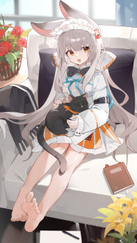 1girl :d absurdres animal animal_ears arknights barefoot basket black_bow black_bowtie black_cat blue_ribbon book bow bowtie cat commentary couch day english_commentary feet flower full_body grey_hair hairband highres indoors jacket long_hair long_sleeves mixed-language_commentary notebook on_couch open_mouth orange_eyes orange_skirt red_flower red_rose ribbon rose sitting skirt smile soles solo teketi toes very_long_hair warmy_(arknights) white_hairband white_jacket yellow_flower