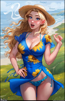 1girl :o absurdres aroma_sensei artist_name beach bikini bikini_under_clothes black_border blonde_hair blue_dress blue_eyes blue_panties blush border breasts cleavage clothes_lift collarbone covered_navel cowboy_shot curvy dress english_text floating_hair floral_print freckles frilled_bikini frills grass haley_(stardew_valley) hat highres large_breasts long_hair looking_at_viewer mole mole_on_breast nose open_mouth outdoors panties pantyshot parted_hair patreon_username plaid_bikini plaid_clothes short_dress side-tie_bikini_bottom skirt skirt_lift sky solo sound_effects stardew_valley straw_hat surprised swimsuit underwear v-neck wide_hips wind wind_lift