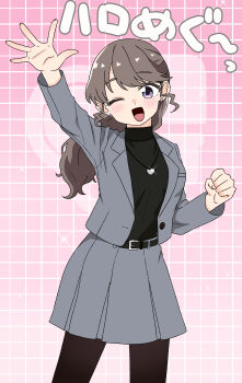 Rule 34 | 1girl, ;d, absurdres, arm up, black pantyhose, black sweater, blush, breasts, brown hair, clenched hand, commentary, cowboy shot, earrings, fujishima megumi, fujishima megumi (post-graduation), gradient background, grey jacket, grey skirt, grid background, heart, heart necklace, hellomegu!, highres, jacket, jewelry, kanzaki gou, link! like! love live!, long hair, looking at viewer, love live!, medium breasts, miniskirt, necklace, one eye closed, open clothes, open hand, open jacket, open mouth, pantyhose, pink background, pleated skirt, ponytail, purple eyes, sidelocks, skirt, smile, solo, standing, stud earrings, suit jacket, sweater, turtleneck, turtleneck sweater, virtual youtuber