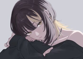 1girl absurdres bare_shoulders black_hair black_sweater blonde_streaks chain chain_necklace closed_mouth ear_piercing grey_background hashtag-only_commentary head_tilt highres idolmaster idolmaster_shiny_colors ikaruga_luca inase_(1na1000) jewelry lips long_sleeves looking_at_viewer medium_hair multicolored_hair necklace piercing ring simple_background sleeves_past_wrists solo streaked_hair sweater yellow_eyes