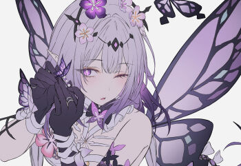 Rule 34 | 1girl, asymmetrical gloves, bare shoulders, black gloves, breasts, bug, butterfly, butterfly hair ornament, butterfly wings, castorice (honkai: star rail), elbow gloves, flower, gloves, hair flower, hair ornament, holding, holding hair ornament, honkai: star rail, honkai (series), insect, insect wings, looking at object, medium breasts, neon (pixiv 31150749), one eye closed, pink flower, pointy ears, purple butterfly, purple hair, single elbow glove, solo, uneven gloves, unfinished, upper body, wings