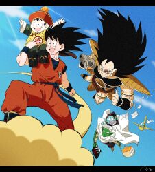 Rule 34 | 5boys, arms up, black hair, brothers, camera, cloak, cloud, collarbone, commentary request, dougi, dragon ball, dragon ball (object), dragonball z, father and son, flying, flying nimbus, grin, happy, highres, holding, holding camera, long hair, multiple boys, muscular, muscular male, open mouth, paper, parent and child, piccolo, pilaf, raditz, ruto830, saiyan armor, scouter, short hair, siblings, smile, son gohan, son goku, spiked hair, thumbs up, turban, uncle and niece, white cloak, white turban