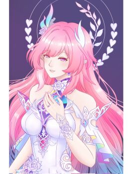 1girl aqua_hair bare_shoulders border breasts commentary corrupted_twitter_file cyrene_(demiurge)_(honkai:_star_rail) cyrene_(honkai:_star_rail) diamond-shaped_pupils diamond_(shape) dress earrings halo highres honkai:_star_rail honkai_(series) jewelry large_breasts long_hair louxueqin0414 multicolored_hair pink_hair pointy_ears purple_background purple_eyes solo symbol-only_commentary symbol-shaped_pupils very_long_hair white_border white_dress white_hair