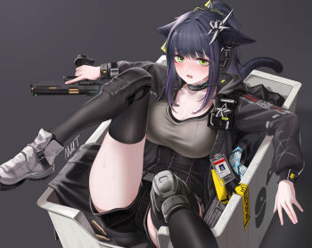 1girl animal_ears arknights black_choker black_hair black_thighhighs breasts cat_ears cat_tail choker cleavage commentary green_eyes grey_background grey_shirt grey_shoes gun handgun highres holding holding_gun holding_weapon jessica_(arknights) jessica_the_liberated_(arknights) large_breasts long_hair looking_at_viewer mildt open_mouth shirt shoes simple_background solo tail thighhighs weapon