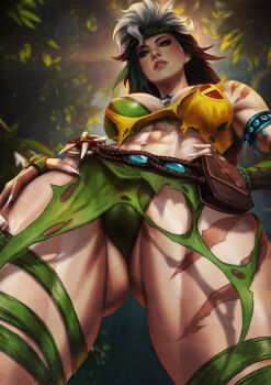 1girl abs absurdres armlet belt_bag bone_necklace bra breasts brown_hair commentary cowboy_shot crop_top english_commentary fingerless_gloves fingernails freckles from_below gloves gluteal_fold green_bra green_eyes green_gloves green_headband green_panties hand_on_own_hip headband highres jewelry jungle large_breasts lips long_fingernails looking_at_viewer marvel marvel_rivals midriff monori_rogue multicolored_hair multiple_thigh_straps nature navel official_alternate_costume panties parted_lips rogue_(savage_south)_(x-men) rogue_(x-men) scar scar_on_shoulder scar_on_thighs shirt solo thigh_strap toned toned_female torn_clothes two-tone_hair underwear white_hair x-men