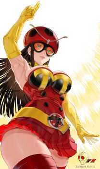 1girl absurdres blue_eyes breasts brown_hair cleavage dress elbow_gloves electro_wave_human_tackle gloves helmet highres kamen_rider kamen_rider_(1st_series) kamen_rider_stronger_(series) large_breasts marl_04art okada_yuriko simple_background toujima_tanzaburou_wa_kamen_rider_ni_naritai