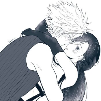 Rule 34 | 1boy, 1girl, arms around neck, artist name, banananomama, bare shoulders, blush, cloud strife, commentary, couple, crop top, elbow gloves, eye contact, final fantasy, final fantasy vii, final fantasy vii rebirth, final fantasy vii remake, fingerless gloves, gloves, hand on another's head, hetero, hug, imminent kiss, leaning back, leaning forward, leaning on person, long hair, looking at another, parted lips, ribbed sweater, short hair, sleeveless, sleeveless turtleneck, spiked hair, suspenders, sweater, swept bangs, symbol-only commentary, tank top, tifa lockhart, turtleneck, turtleneck sweater, upper body, white tank top