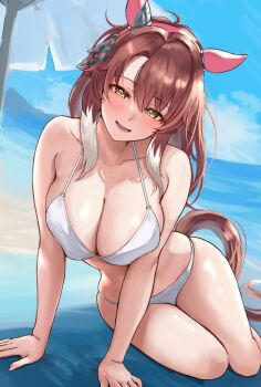 1girl :d animal_ears arm_support beach bikini breasts brown_eyes brown_hair checkered_ribbon cleavage collarbone colored_tips commentary_request dantsu_flame_(umamusume) day ear_covers green_ribbon hairband horse_ears horse_girl horse_tail large_breasts long_hair looking_at_viewer multicolored_hair o-ring o-ring_top ocean open_mouth outdoors pink_hairband pink_ribbon ribbon sg_(esujii) smile solo swimsuit tail umamusume white_bikini white_hair