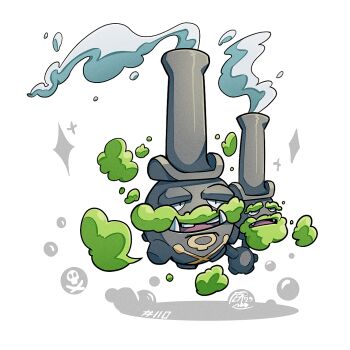 Rule 34 | fangs, galarian form, galarian weezing, gen 8 pokemon, mistray-art, nintendo, no humans, numbered, open mouth, pokemon, pokemon (creature), signature, simple background, smoke, solo, tusks, white background